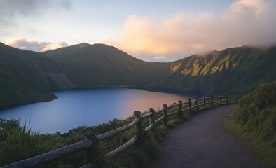 Obraz premium Sunset View of Lagoa do Fogo with Wooden Path, Azores. AI generated illustration