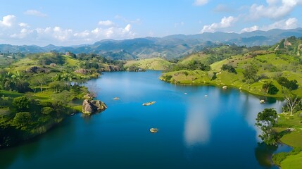 Serene lake nestled in lush green hills and mountains under a bright sky.