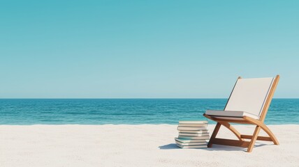 Obraz premium A relaxing beach scene with a chair and books by the tranquil ocean.