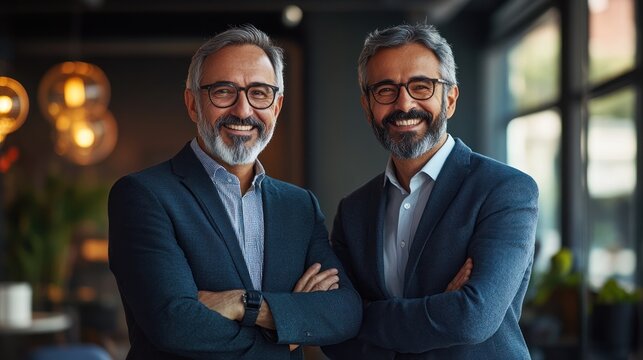 Senior men in suits with confident smiles indoors