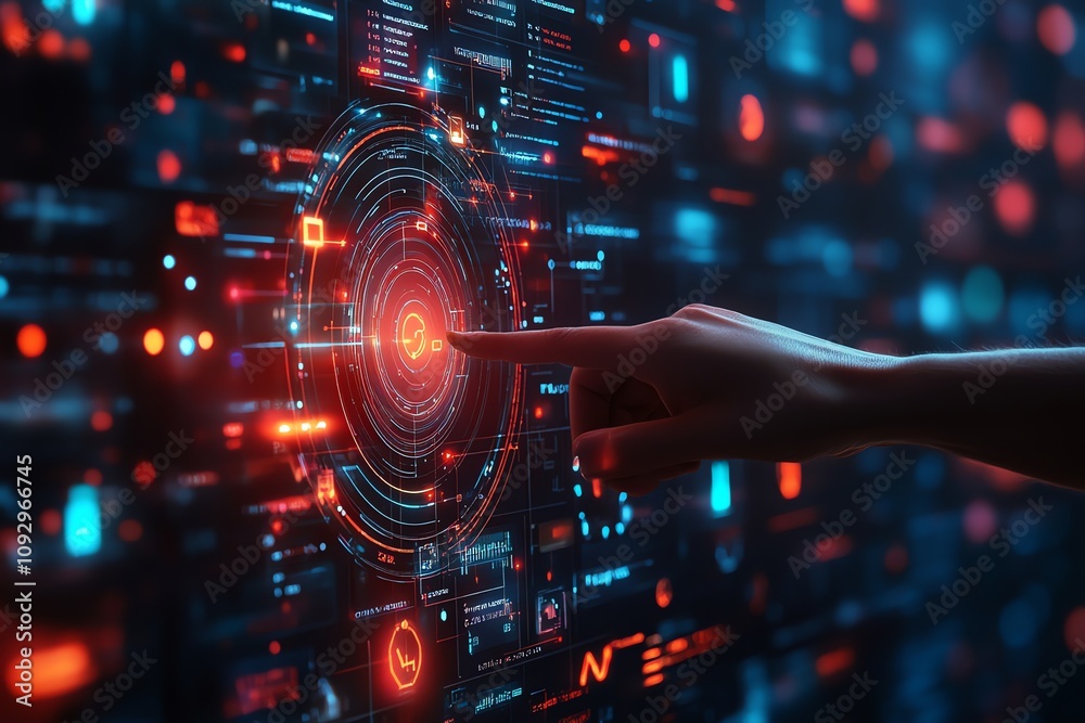 Poster hand interacting with futuristic holographic interface.