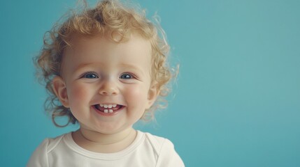 Naklejka premium A joyful baby with curly hair smiles at the camera against a blue background.