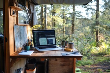 Off-grid digital nomad lifestyle, combining remote work with self-sufficient, eco-conscious living