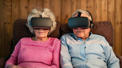 Elderly couple enjoying virtual reality experience at home together.
