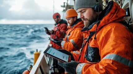 Three crew members in orange jackets focus on their devices as they navigate the ocean's challenges. Their concentration highlights the teamwork of technology at sea.