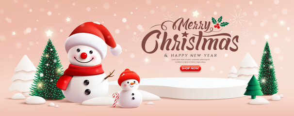 Merry Christmas and happy new year podium display ,Snowman, pine tree, greeting card, winter banner design on pink background, Eps 10 vector illustration