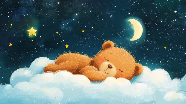 Illustration lullaby story, Sleeping teddy bear on clouds under stars and moonlight in starry night sky.