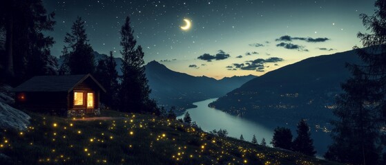 Fototapeta premium Serene nighttime scene cozy cabin by a reflective river peaceful nature landscape starry sky tranquil environment scenic viewpoint
