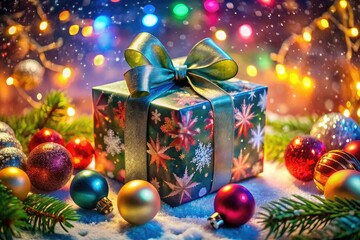 Charming 3D gift box featuring a decorative bow and festive ornaments, perfect for holiday celebrations, birthdays, and special occasions in a stylish double exposure design.
