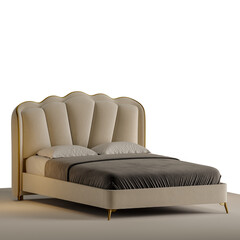 A bed with a white comforter and a black blanket