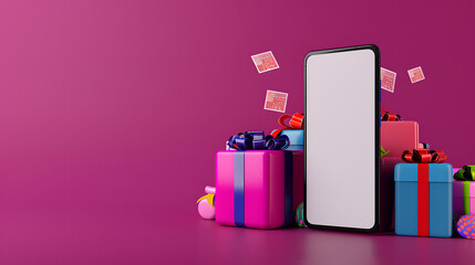 A blank smartphone screen surrounded by colorful gift boxes and discount tags on a vibrant pink background, symbolizing online shopping