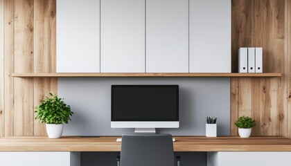 Fototapeta premium Modern office workspace with computer and decorative plants on the desk.