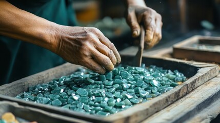 Obraz premium Precious stones in the making, as raw jade is processed into valuable gems
