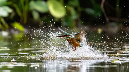 Kingfisher in Flight with Water Splashes and Green Background. AI generated illustration