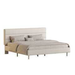 A white bed with a white headboard and a white comforter