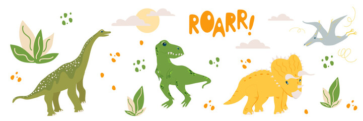 Vector flying dinosaur Pterodactyl, T-Rex predator and cute herbivores dinos Triceratops, Stegosaur, sun and clouds, ROAR inscription and bushes.
