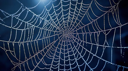 Obraz premium Intricate dew-covered spider web forms a complex radial pattern against a dark blue background, perfect for illustrating concepts of connection or nature's detail.