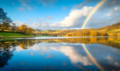 A serene landscape featuring a rainbow over a reflective lake surrounded by autumn foliage.
