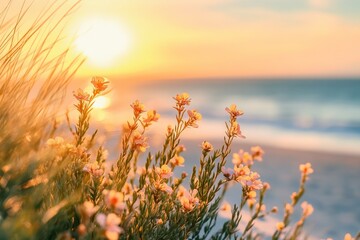 Sunset at the Beach with Blooming Sagebrush Flowers and Dunes Overlooking the California Coast. AI generated illustration