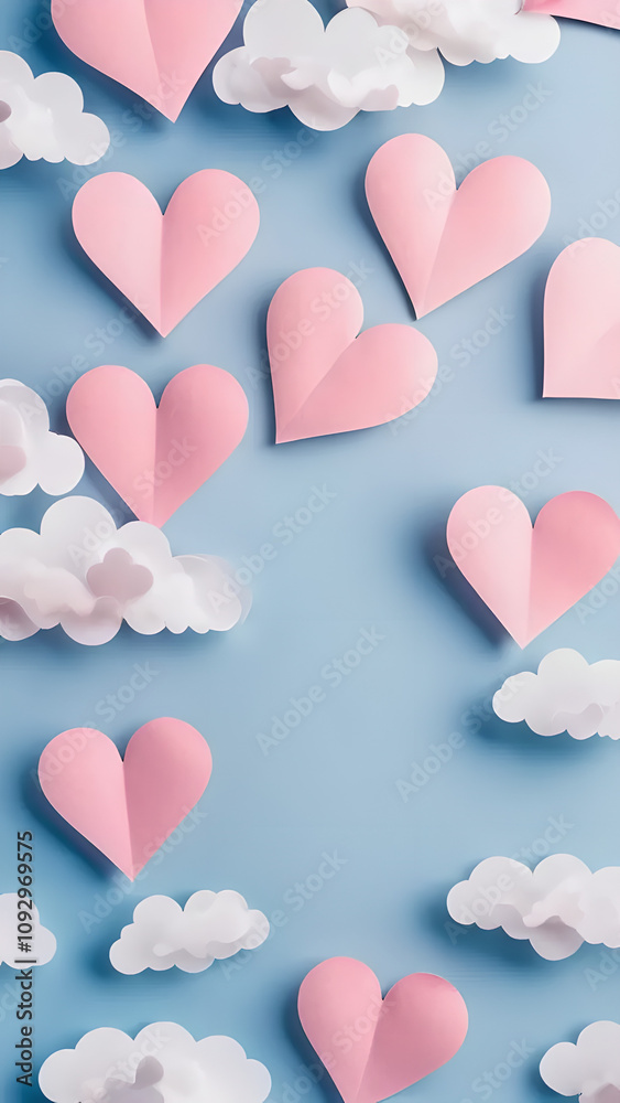 Poster Blue background with a bunch of pink hearts scattered around it. The hearts are of different sizes and are placed in various positions
