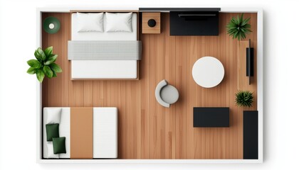 Modern Apartment Top View Room Design Wooden Floor Minimalist Decor