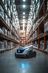 Obraz premium Autonomous Delivery Robot Navigating a Modern Warehouse Aisle with Stacked Shelves and Bright Overhead Lighting