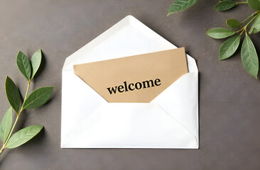 Top view of an envelope and a postcard with a card with the words "Welcome". Welcome card. Selective focus, blurred background.