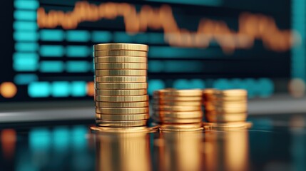 Gold coins stack growing with stock market data screen in background