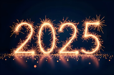 New Year card. New year 2025, sparkler line design, on a blue background. Selective focus, blurred background.