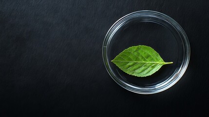Green Leaf in Acrylic Petri Dish on Black Background, Top View. AI generated illustration.