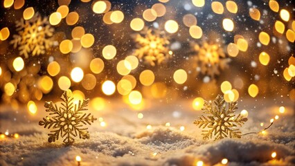 Golden bokeh lights and snowflakes glowing on a frosty winter night