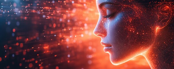 Digital profile of woman's face illuminated by glowing red network grid and particles. Futuristic AI concept with neural connections showing artificial intelligence and technology. 8k banner