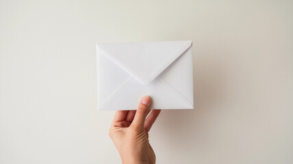Fototapeta premium Hand Holding a Sealed White Envelope on a Minimal Background 