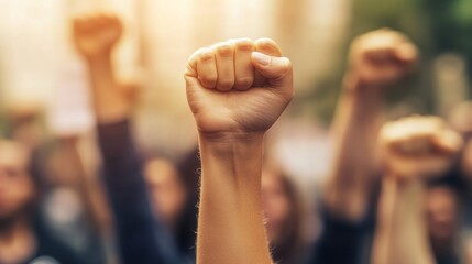 A raised fist symbolizing solidarity and protest during a demonstration.