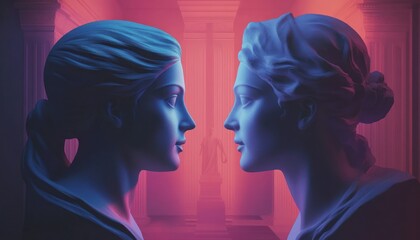 Dual stone busts with dramatic pink blue lighting.