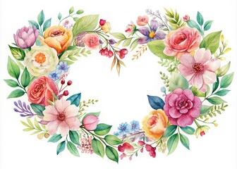 Charming watercolor floral wreath within a heart-shaped frame, ideal for card design, floral decorations, and creative endeavors, all set on a transparent background.