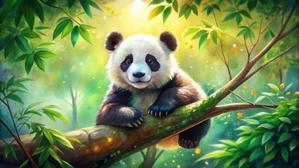 Obraz premium Charming watercolor illustration of a cute panda hanging from a tree, capturing the playful spirit of wildlife in a colorful, enchanting forest setting. Pure joy!