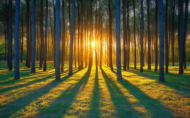 Fototapeta premium Dense Pine Forest at Sunrise with Sunlight Filtering Through Trees. AI generated illustration