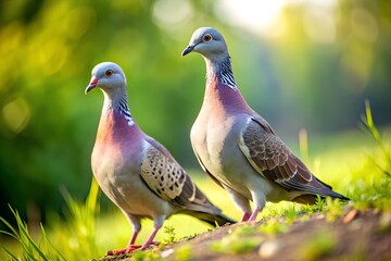A pair of doves gently peck at seeds in a garden, surrounded by colorful blooms and greenery, their soft feathers shimmering in the sunlight, creating a peaceful, natural scene.