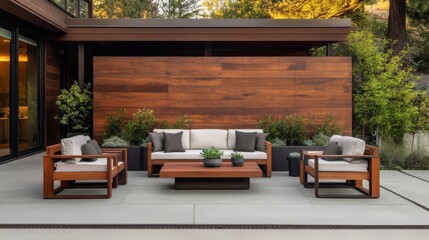 Modern Outdoor Patio Design Cozy Cedar Wood Furniture Greenery