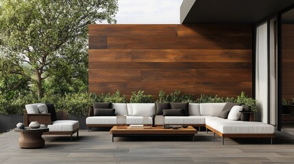 Modern Outdoor Patio Design Cedar Wood Wall Sectional Sofa Greenery