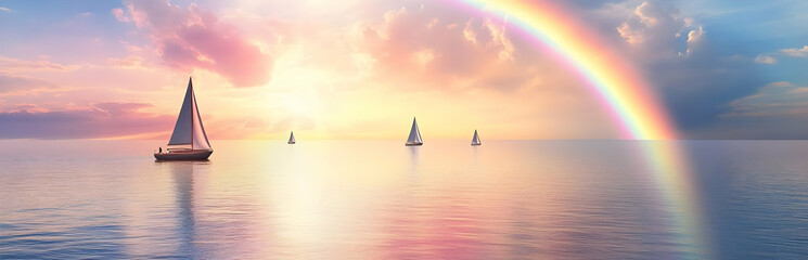 A serene seascape at sunset with sailboats and a vibrant rainbow.