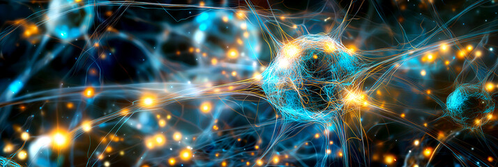 Fototapeta premium Futuristic neural connections with glowing blue and golden nodes showcasing advanced technology and digital network visualization