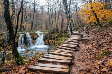 Autumn Path and Waterfall in Plitvice Lakes National Park, Croatia. AI generated illustration