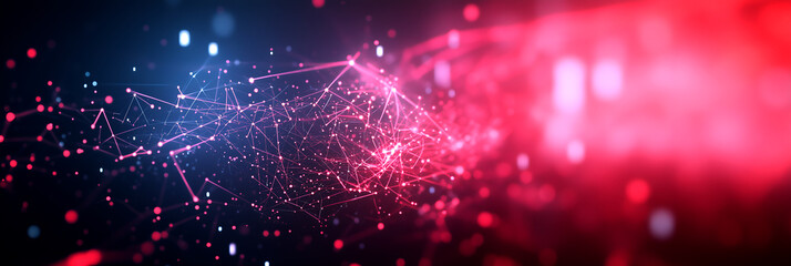 Obraz premium Futuristic neural network with glowing pink and red light particles showcasing advanced connectivity and energy flow visualization