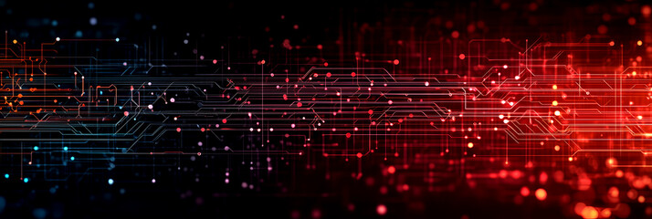 Obraz premium Digital circuit with glowing red and blue light patterns showcasing futuristic data flow and technological connectivity