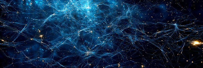 Cosmic web with glowing blue filaments and golden particles showcasing interstellar connectivity and celestial visualization