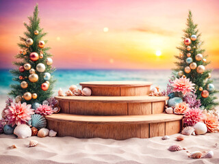 Tropical Christmas Beach Scene with Wooden Display Stand