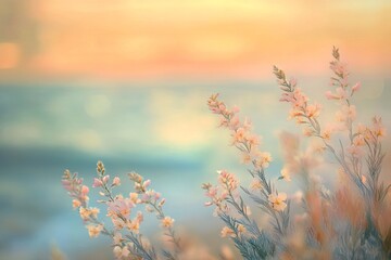 Sunset at the Beach with Blooming Sagebrush Flowers and Dunes Overlooking the California Coast. AI generated illustration