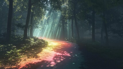 Obraz premium Enchanting Forest Path Illuminated by Sunlight with Vibrant Rainbow Colors Creating a Magical and Serene Atmosphere in Nature